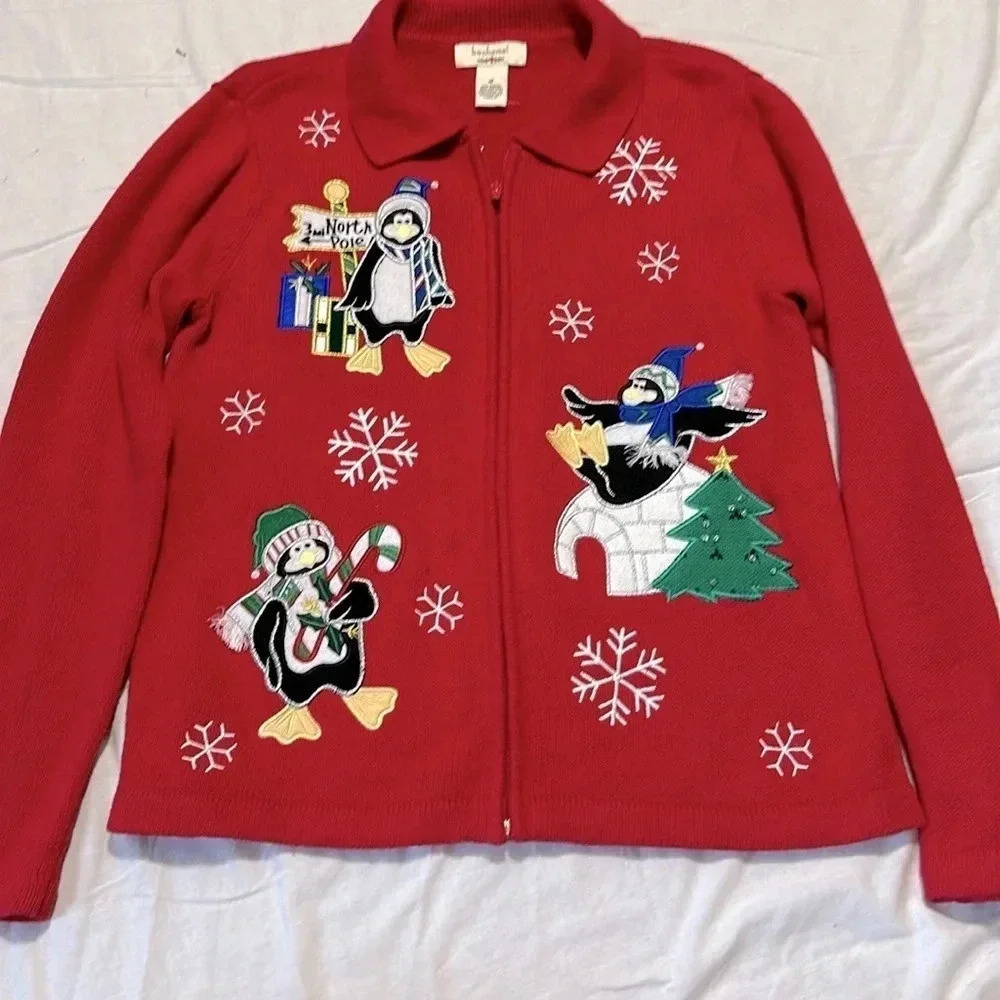Bechamel Vintage Ugly Christmas Sweater Zip Up Penguins size M